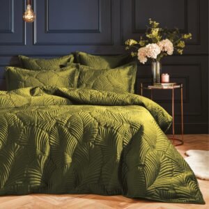 Paoletti Palmeria Quilted Velvet Duvet Cover Bedding Set Moss