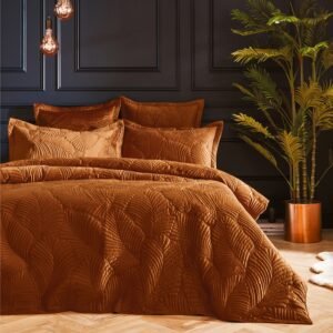 Paoletti Palmeria Quilted Velvet Duvet Cover Bedding Set Rust