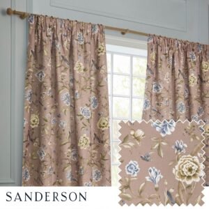 Sanderson Porcelain Garden Printed Chenille Ready Made Pencil Pleat Curtains Blush