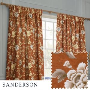 Sanderson Porcelain Garden Printed Chenille Ready Made Pencil Pleat Curtains Rust