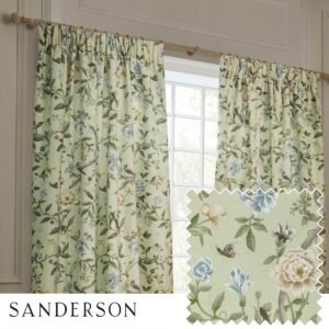 Sanderson Porcelain Garden Printed Chenille Ready Made Pencil Pleat Curtains Sage