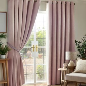 Chenille Triple Woven Ready Made Eyelet Blackout Curtains Pink