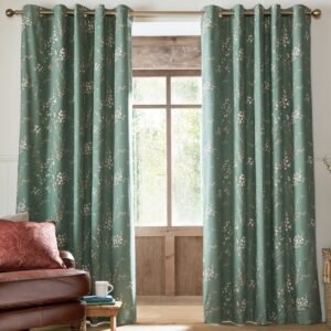 Laura Ashley Pussy Willow Ready Made Eyelet Blackout Curtains Fern Green