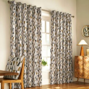 furn. Reno Geometric Ready Made Eyelet Curtains Charcoal Gold