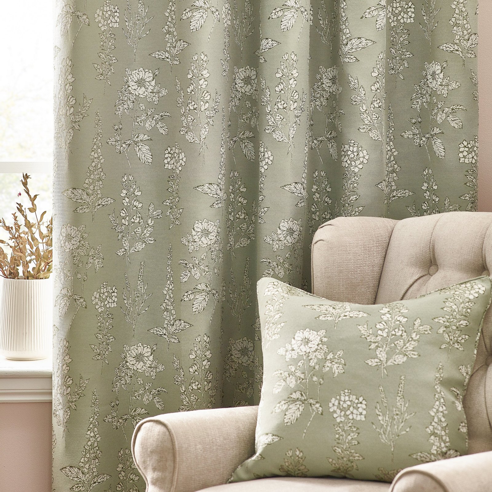 Wylder Nature Sophia Floral Jacquard Ready Made Eyelet Curtains Sage - Image 4