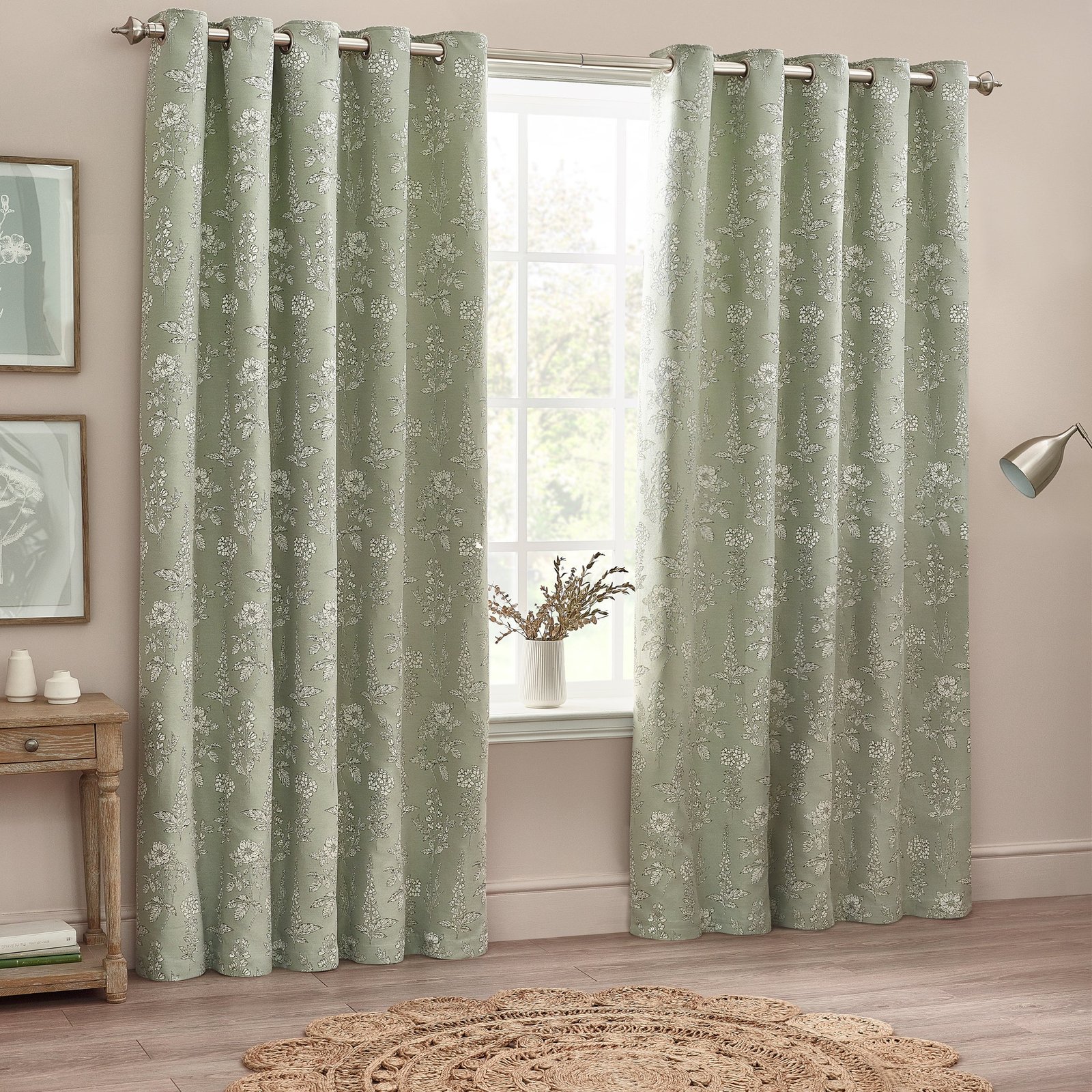 Wylder Nature Sophia Floral Jacquard Ready Made Eyelet Curtains Sage - Image 5