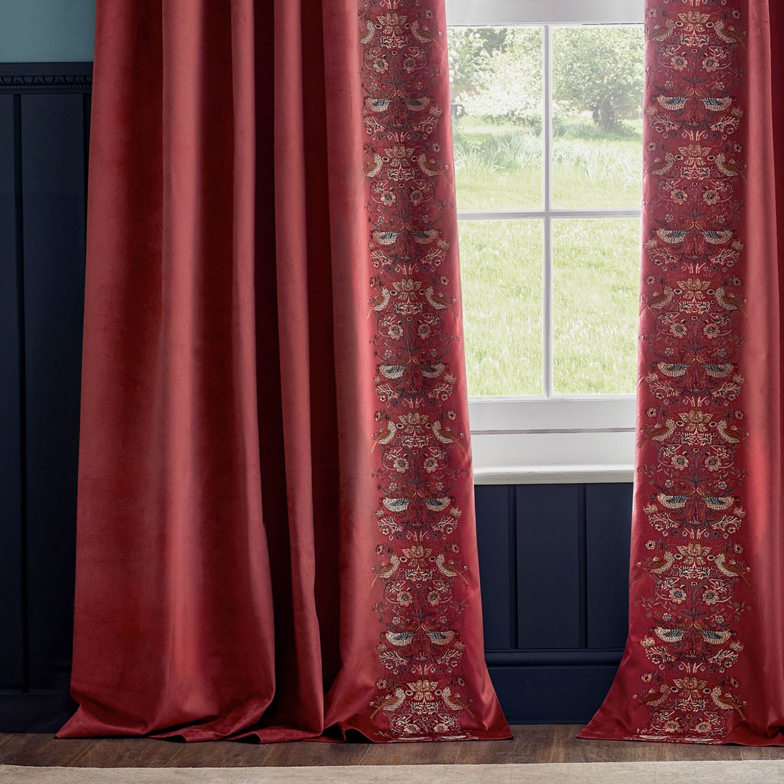 Morris & Co. Strawberry Thief Embroidered Velvet Ready Made Pencil Pleat Curtains Berry - Image 5