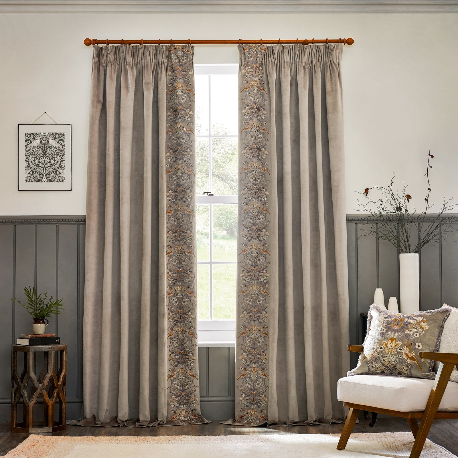 Morris & Co. Strawberry Thief Embroidered Velvet Ready Made Pencil Pleat Curtains Biscuit - Image 2