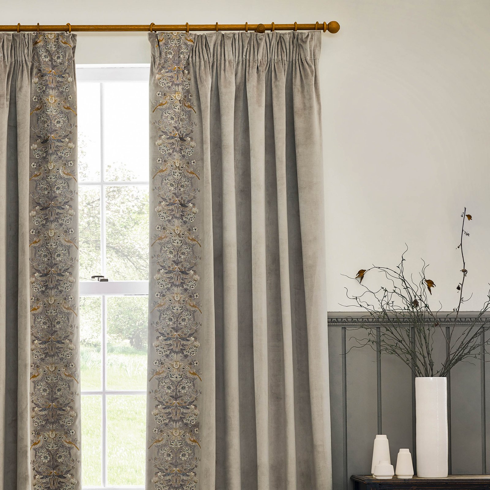 Morris & Co. Strawberry Thief Embroidered Velvet Ready Made Pencil Pleat Curtains Biscuit - Image 3