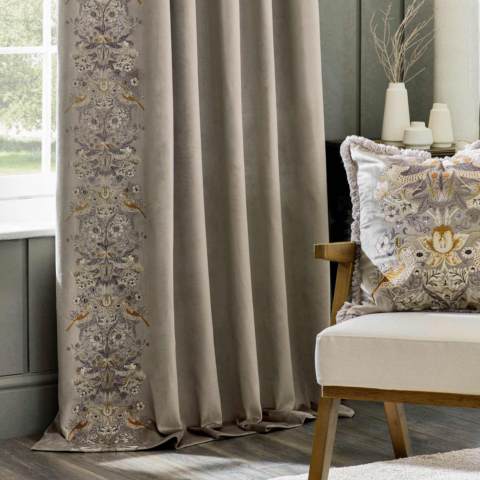 Morris & Co. Strawberry Thief Embroidered Velvet Ready Made Pencil Pleat Curtains Biscuit - Image 4