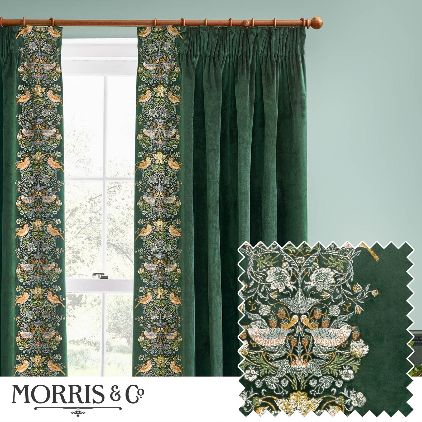 Morris & Co. Strawberry Thief Embroidered Velvet Ready Made Pencil Pleat Curtains Forest Green