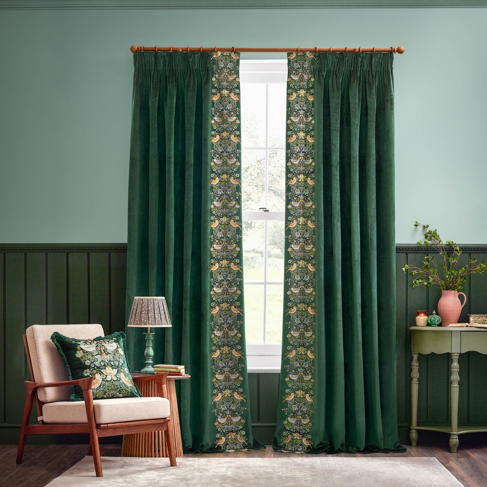 Morris & Co. Strawberry Thief Embroidered Velvet Ready Made Pencil Pleat Curtains Forest Green - Image 2