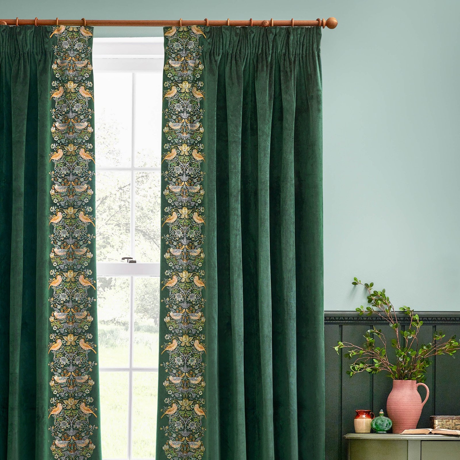 Morris & Co. Strawberry Thief Embroidered Velvet Ready Made Pencil Pleat Curtains Forest Green - Image 3