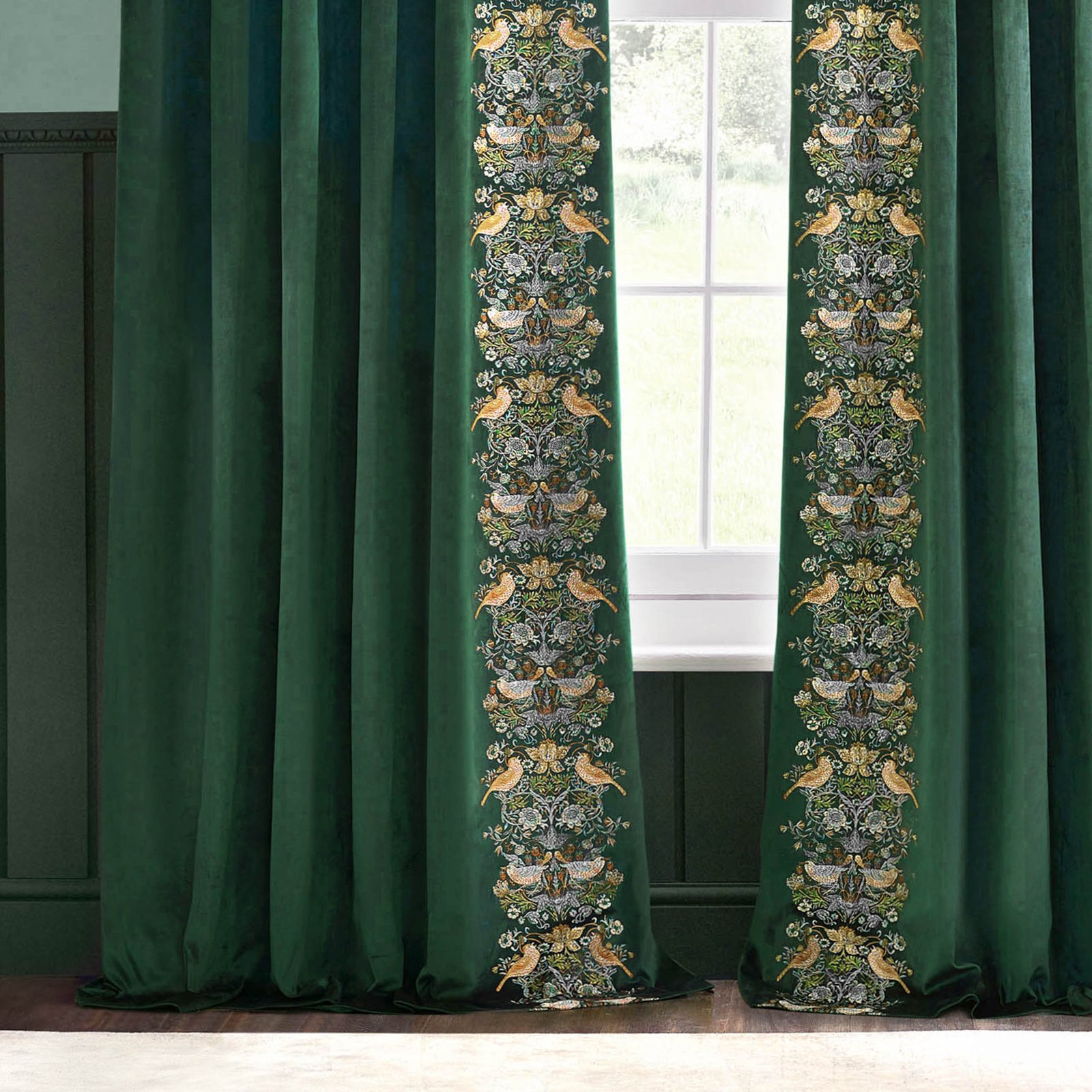 Morris & Co. Strawberry Thief Embroidered Velvet Ready Made Pencil Pleat Curtains Forest Green - Image 4