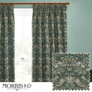 Morris & Co. Strawberry Thief Jacquard Floral Ready Made Pencil Pleat Curtains Forest Green