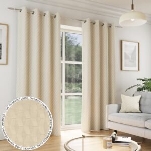 Tokyo Thermal Geometric Embossed Ready Made Eyelet Blockout Curtains Cream
