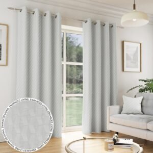 Tokyo Thermal Geometric Embossed Ready Made Eyelet Blockout Curtains Grey