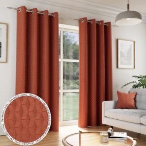 Tokyo Thermal Geometric Embossed Ready Made Eyelet Blockout Curtains Orange