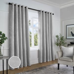 Curtina Textured Chenille Ready Made Blackout Eyelet Curtains Grey