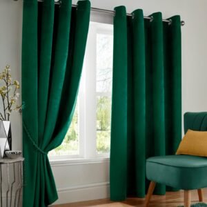 Velvet Triple Woven Ready Made Eyelet Blackout Curtains Green