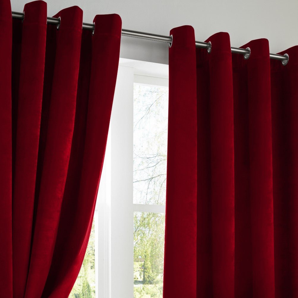 Velvet Triple Woven Ready Made Eyelet Blackout Curtains Red - Image 2