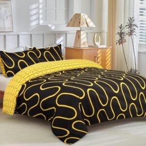 Modern Reversible Printed Duvet Cover Set – Black & Yellow Wavy Design