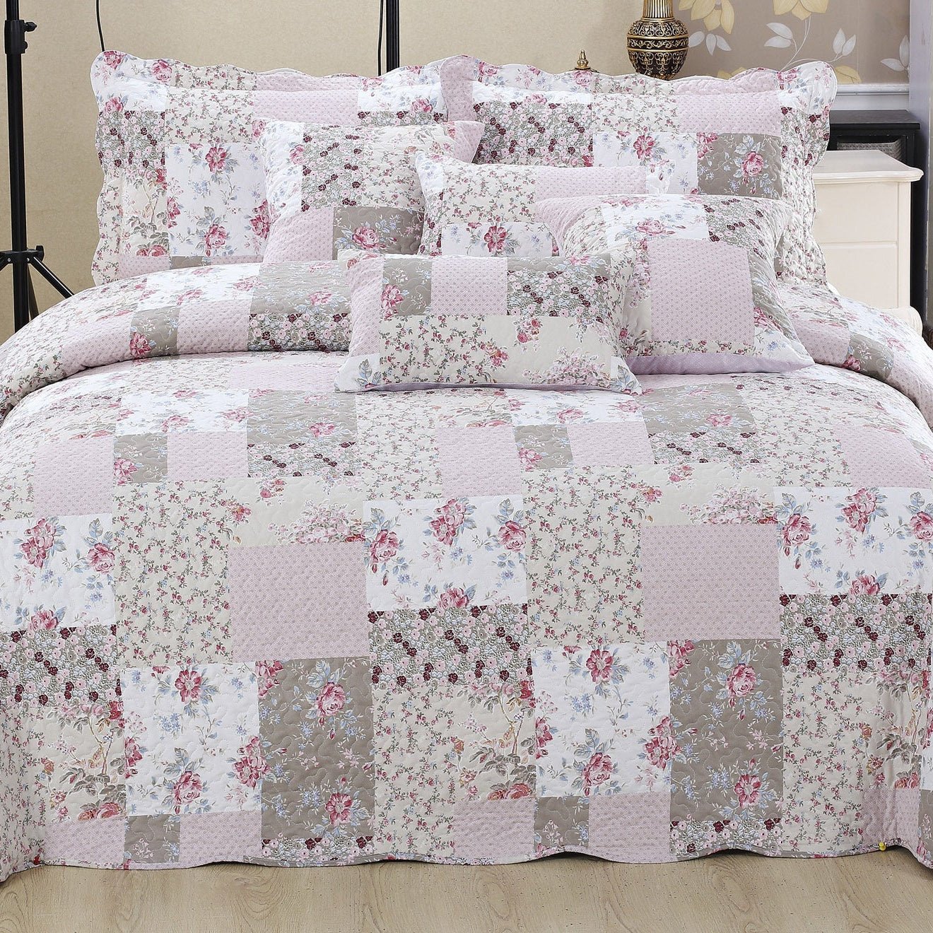 Luxury Quilted Patchwork Embroidered Bedspread Comforter with Pillow Case - Image 51