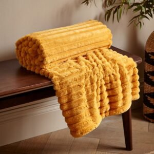 Catherine Lansfield Cosy Ribbed Faux Fur 130x170cm Throw Mustard