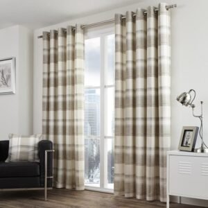 Fusion Balmoral Check Lined Ready Made Eyelet Curtains Natural