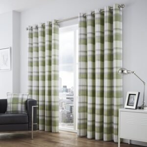 Fusion Balmoral Check Lined Ready Made Eyelet Curtains Green