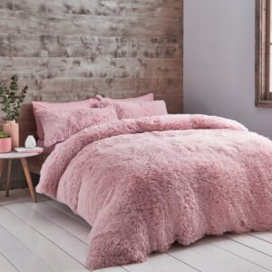 Catherine Lansfield Cuddly Deep Pile Faux Fur Duvet Cover Bedding Set Blush