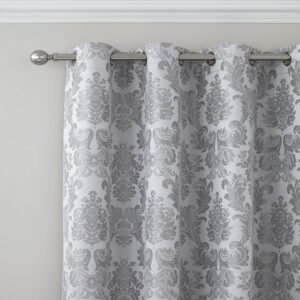 Catherine Lansfield Damask Jacquard Ready Made Eyelet Curtains Silver 66x90