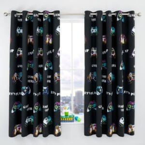 Catherine Lansfield Game Over Ready Made Eyelet Curtains 66x72 Black