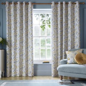Laura Ashley Longston Sprig Ready Made Eyelet Curtains Ochre Yellow