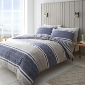 Catherine Lansfield Textured Banded Stripe Duvet Cover Bedding Set Blue