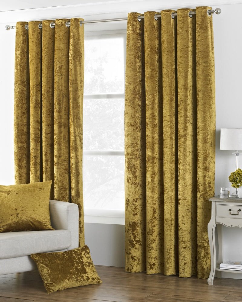 Paoletti Verona Crushed Velvet Lined Ready Made Eyelet Curtains Ochre - Image 4